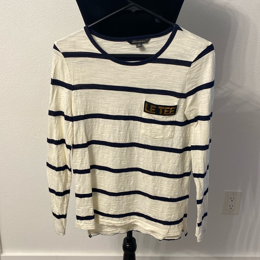Cream and Navy Banana Republic ‘LE TEE’ Long Sleeve Gauze Striped Tee Size XS